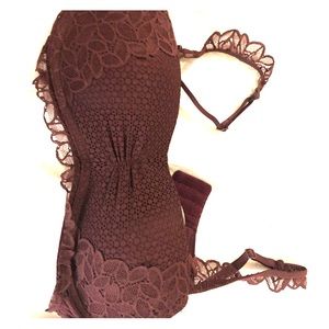 Burgundy lace bandeau bra with straps